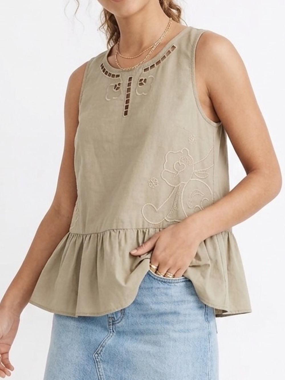 Madewell Khaki Embroidered Peplum Tank Top Size XS